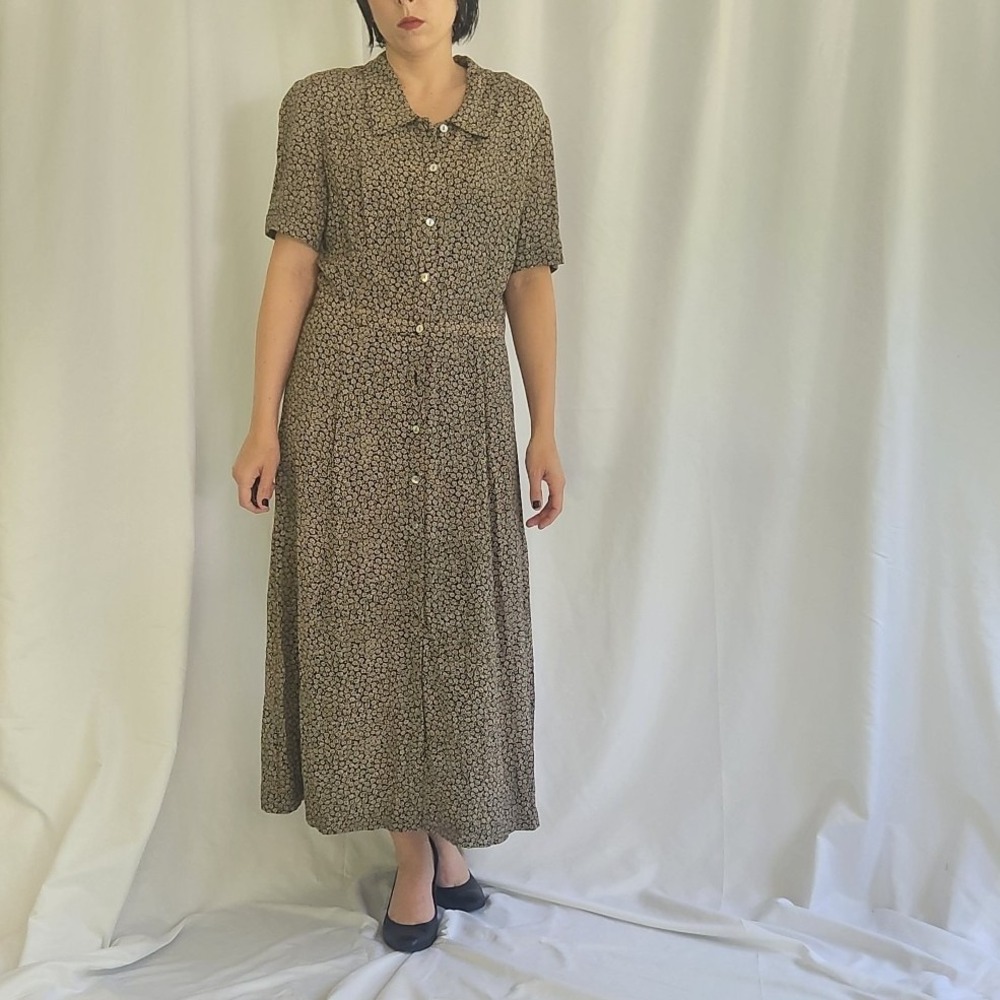 90s Black and Tan Floral Button Down Maxi Dress
